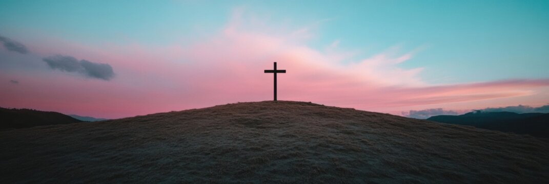 Transcendent Holy Week Narrative Minimalist Cross Silhouette Against Pastel Sunset - Spiritual Reflection and Emotional Landscape Design for Contemporary Faith Experiences