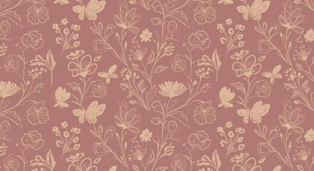 Floral Butterfly Pattern: Elegant blush pink and beige floral and butterfly pattern design, perfect for textile printing, wallpaper, or scrapbooking projects.