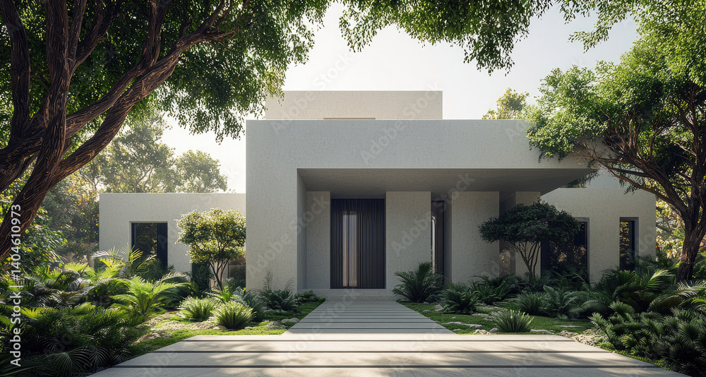 Aufkleber modern house design features minimalist aesthetic surrounded by lush greenery, showcasing harmonious