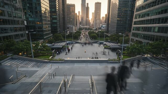 Crowd Dispersing From Busy City Center at Sunset