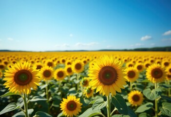 Fototapeta premium A vast field of vibrant yellow sunflowers stretches to the horizon under a clear blue sky. The sunflowers are in full bloom, their large golden petals and dark centers facing the sun. 