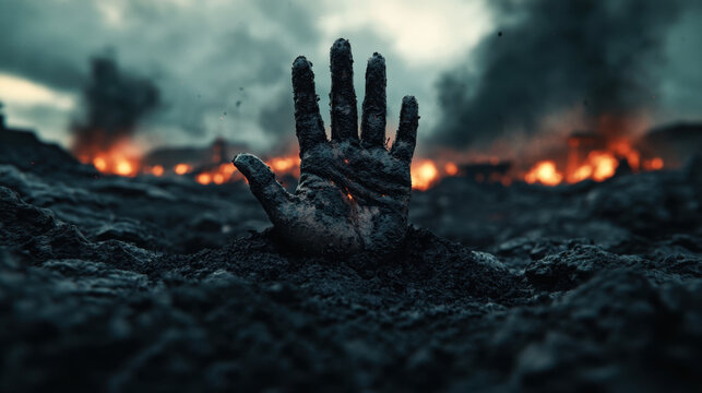 hand emerges from dark, volcanic soil, symbolizing struggle and resilience amidst fiery landscape. scene evokes sense of urgency and survival in harsh environment