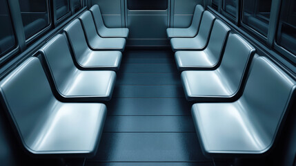 Fototapeta premium modern subway car interior featuring sleek, metallic seats arranged in symmetrical layout. ambiance is calm and futuristic, highlighting minimalist design and clean lines