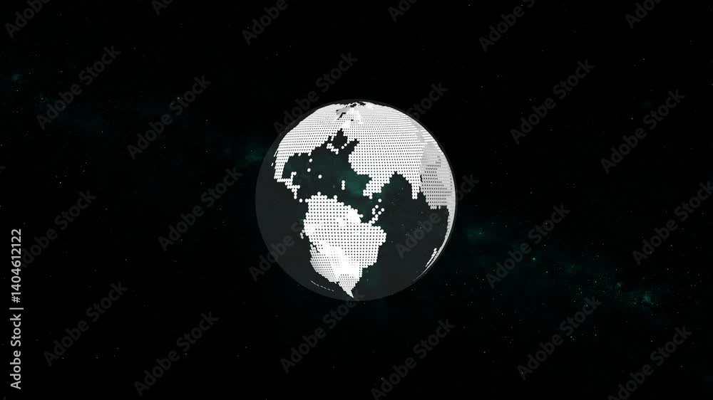Poster stylized dotted earth globe rotating in space with galaxy background for global connection concepts
