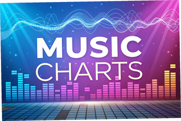 Vibrant Digital Illustration of 'MUSIC CHARTS' with Colorful Equalizer and Sound Wave Elements