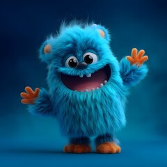 Obraz premium Happy Blue Fuzzy Monster Cartoon Character Illustration Cute Friendly 3D Render Digital Art Adorable Smiling Wave Fun Playful Soft Furry Whimsical 