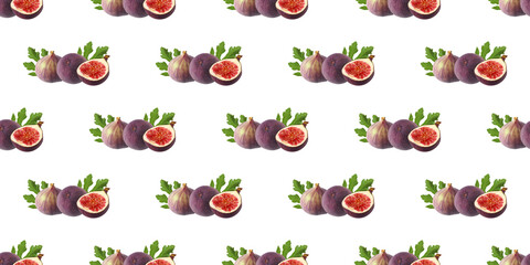 Obraz premium Fresh figs seamless pattern displaying whole and halved fruits with leaves on white background