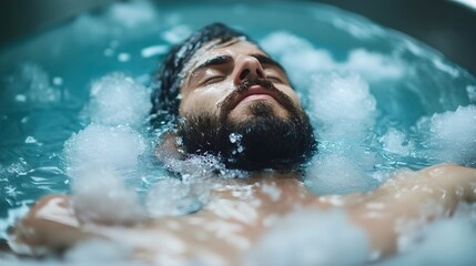 Man in ice bath, experiencing cold water therapy benefits and challenges