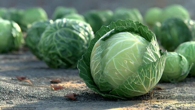 A cluster of fresh green cabbage heads lie on a textured gray surface, bathed in soft, natural light