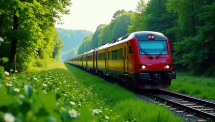 Naklejka premium Train gliding through vibrant green, tranquil scene , quiet, leaves, summer