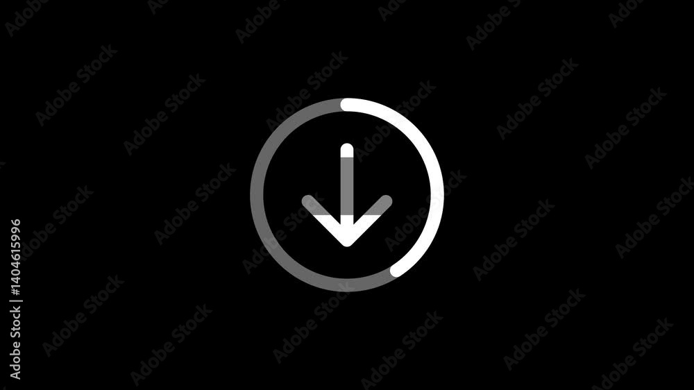 Poster download arrow icon animation with progress loading circle on black background loop