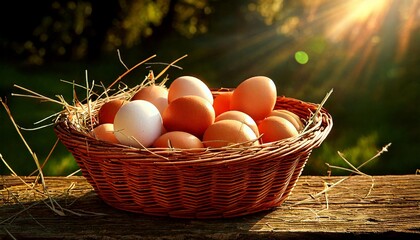Rustic Woven Basket Filled with Fresh Farm Chicken Eggs

