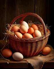 Rustic Woven Basket Filled with Fresh Farm Chicken Eggs


