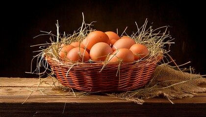 Rustic Woven Basket Filled with Fresh Farm Chicken Eggs

