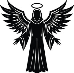 Angelic Figure With Halo And Wings Black And White Vector Illustration