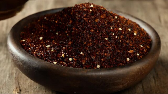 Rustic wooden bowl filled with coarsely ground, reddish-brown spices on a textured wooden surface under natural light