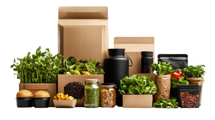 Fresh organic produce and ecofriendly packaging arranged on a black background for sustainable food concepts