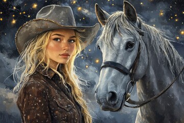 Obraz premium realistic style, sad blonde in a cowboy hat with a gray horse under a starry sky canvas