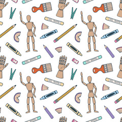 Doodle art tools seamless pattern. School concept vector illustration