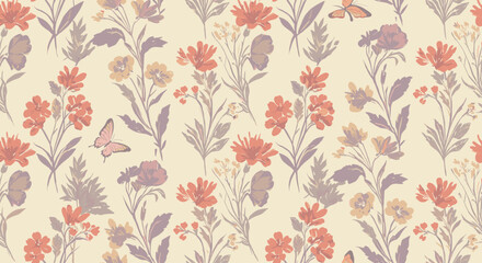 Floral Garden Pattern: A captivating pattern of diverse flowers and whimsical butterflies in a timeless display of spring. A classic repeating design for endless applications.