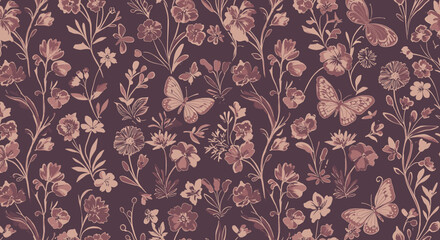 Floral Elegance: A captivating floral pattern. Delicately illustrated flowers and butterflies in intricate detail, offering a sense of delicate nature and refined elegance.