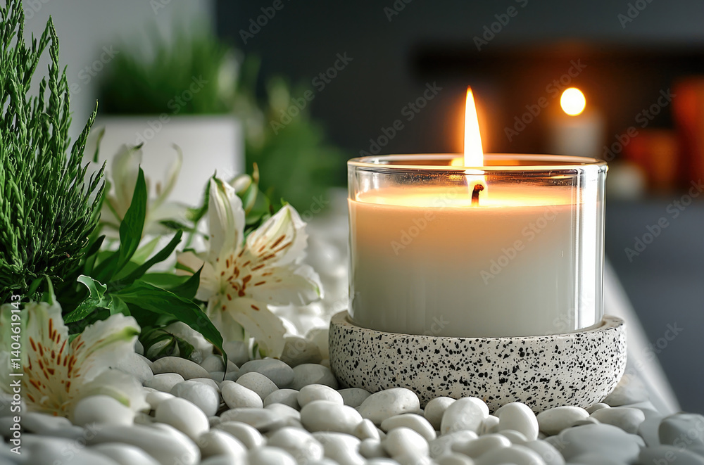 Poster lit candle burns softly on decorative surface surrounded by smooth pebbles and fresh greenery, creating serene and calming atmosphere. warm glow enhances tranquil setting