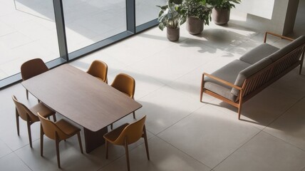 Fototapeta premium Sophisticated interior space featuring modern dining and seating areas in natural light