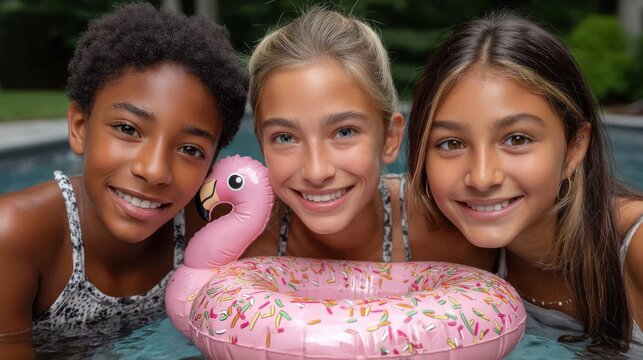 Kids&rsquo; summer pool party with floats, love, smile, park, together, happiness, girls, father, couple, sister, friendship