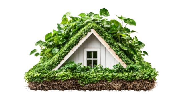 Green eco house surrounded by lush plants and vegetation symbolizing sustainable living and nature integration