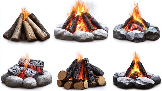 Firewood set of icons with burning flame and woods symbols isolated on white