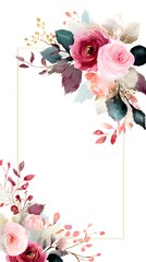 Elegant Watercolor Floral Frame Pink Roses Burgundy Flowers Gold Botanical Illustration Romantic Wedding Invitation Design Template Pretty Feminine   