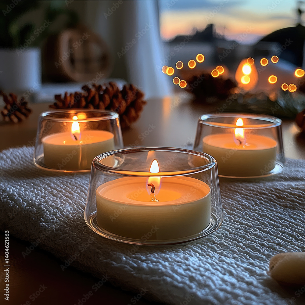 Poster Three small tealight candles glowing softly on textured surface, creating warm and inviting atmosphere with blurred background of pinecones and twinkling lights