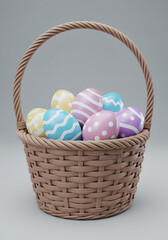 Fototapeta premium Easter Essence—Modern 3D Representation of a Basket with Eggs in a Subtle Setting