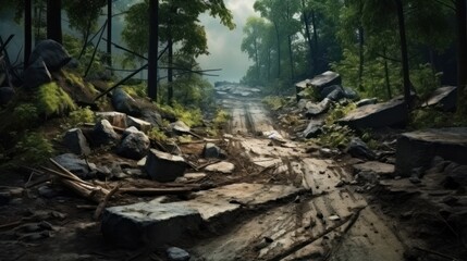 Obraz premium The road conditions were bad in the middle of a muddy and rocky forest. AI generated image