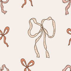 Elegant ribbon coquette bow accessory seamless pattern in trendy mocha mousse colors. Aesthetic print for fabric, paper, textile. Hand drawn vector illustration.