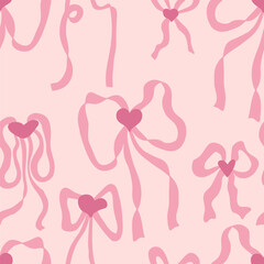 Flat style coquette ribbon bow with hearts seamless pattern. Aesthetic print for fabric, paper, textile. Hand drawn vector illustration.
