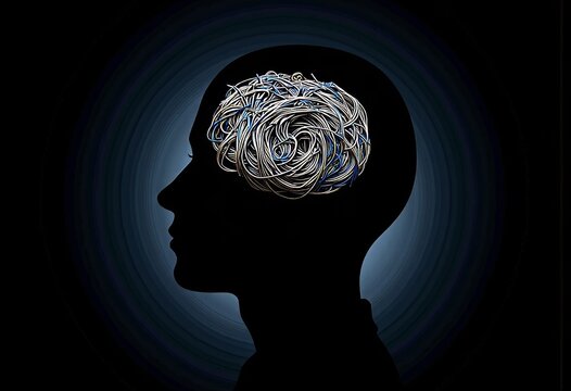 Abstract representation of a human brain filled with tangled wires  