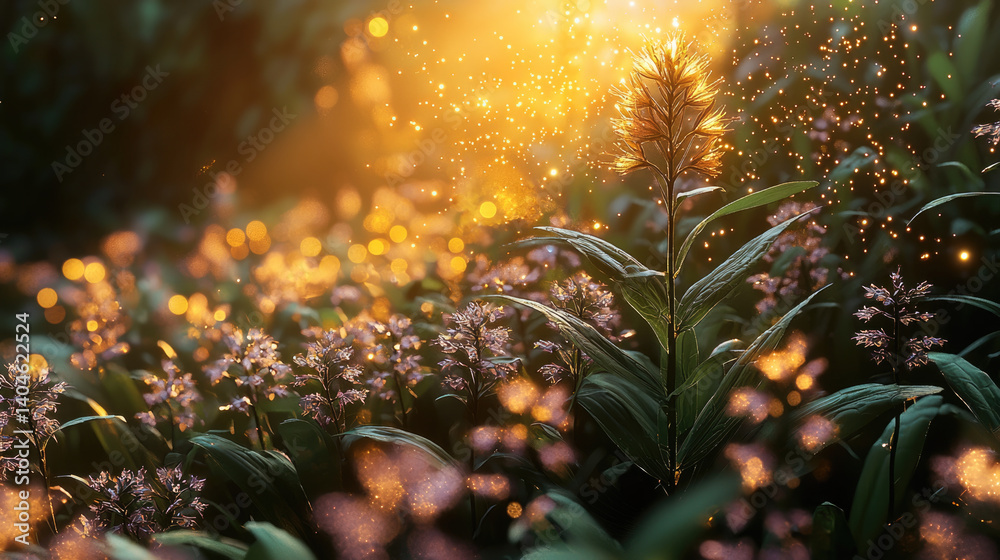 Poster tall prehistoric flower stands amidst vibrant field, illuminated by warm sunlight and surrounded by 