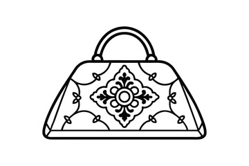A black and white line art drawing of a vintage carpet bag with floral pattern.eps