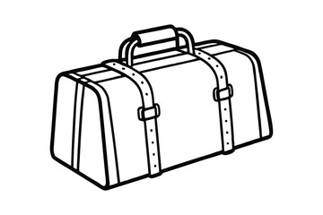 A black and white line art drawing of a vintage carry-on travel bag.eps