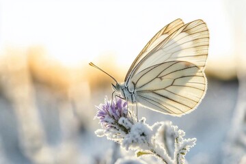 Naklejka premium White butterfly on frost-covered flower