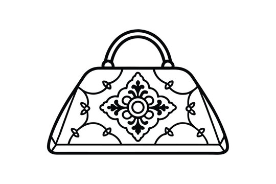A black and white line art drawing of a vintage carpet bag with floral pattern.eps