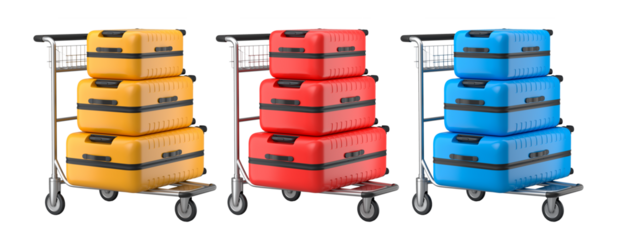 Set of Regular polycarbonate suitcase on hotel trolley cart for carrying baggage on white background. 3d render travel concept of hotel service on vacation and luggage transportation