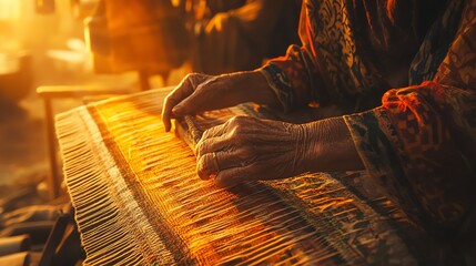 Hands Weaving Traditional Textile with Intricate Patterns in Warm Sunlight