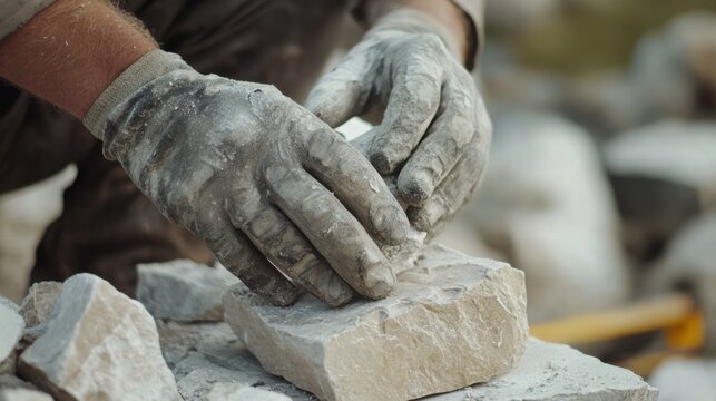Mason creating stone sculptures for landscaping. Featuring outdoor craftsmanship and artistic stonework