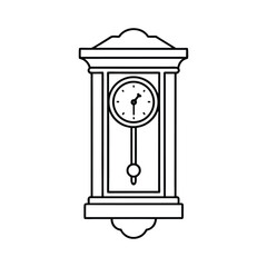 A black and white line art drawing of a vintage pendulum wall clock.eps