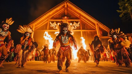Indigenous People Performing Dance with Fire in Tribal Masks and Costumes