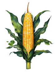 Obraz premium Detailed illustration of fresh corn on the cob surrounded by lush green leaves isolated on black background