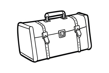 A black and white line art drawing of a vintage suitcase with metal clasps.eps