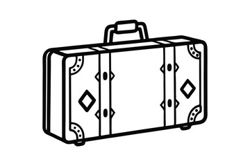 A black and white line art drawing of a vintage suitcase with travel stickers.eps